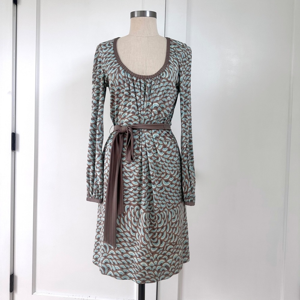 Trina Turk Silk Dress Blue Brown Geometric Scallop Print Belted Size 6